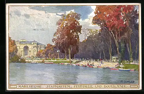 Künstler-AK Karlsruhe i. B., Stadtgarten, Festhalle und Bootslände