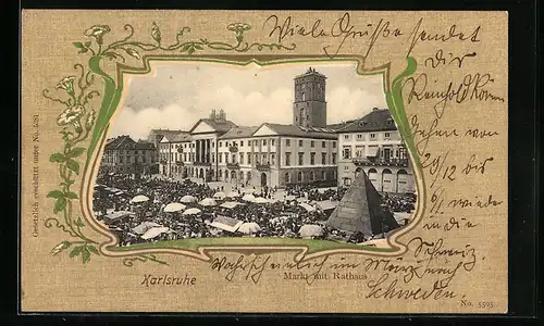 AK Karlsruhe i. B., Pyramide auf dem Markt vor dem Rathaus