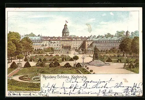 Lithographie Karlsruhe i. B., Parkanlagen vor dem Residenz-Schloss