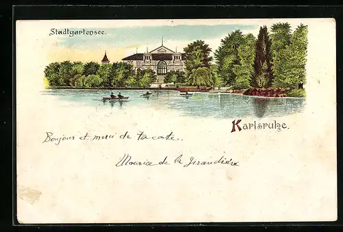 Lithographie Karlsruhe i. B., auf dem Stadtgartensee