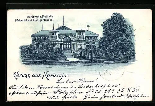 Lithographie Karlsruhe i. B., Festhalle, Südportal mit dem Stadtgartensee