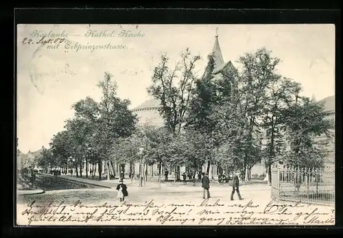 AK Karlsruhe i. B., die Katholische Kirche mit Erbprinzenstrasse