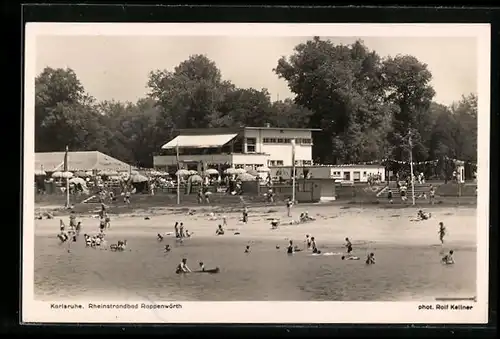 AK Karlsruhe i. B., Rheinstrandbad Rappenwörth, Badegäste