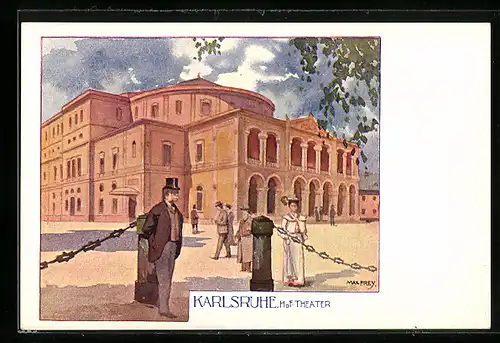 Künstler-AK Karlsruhe i. B., Passanten vor dem Hoftheater