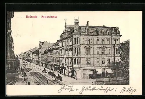 AK Karlsruhe i. B., Pferdekutschen in der Kaiserstrasse