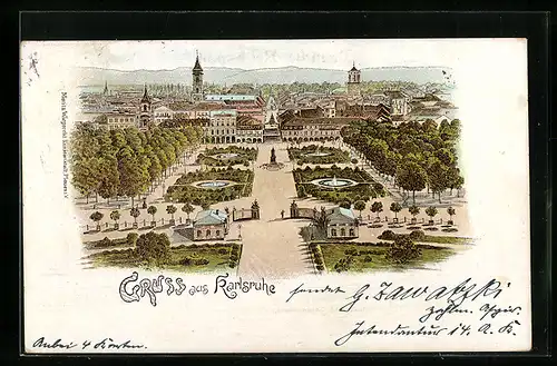 Lithographie Karlsruhe i. B., Schlossplatz und Stadtpanorama