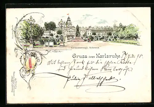 Lithographie Karlsruhe i. B., Denkmal vor dem Grossherzoglichen Schloss