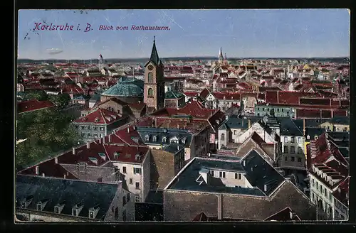 AK Karlsruhe i. B., Blick vom Rathausturm auf die Stadt