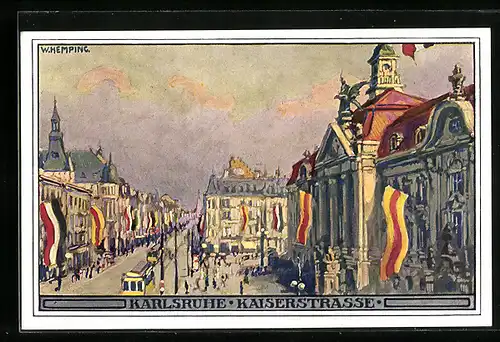Künstler-AK Karlsruhe i. B., Strassenbahnen in der Kaiserstrasse