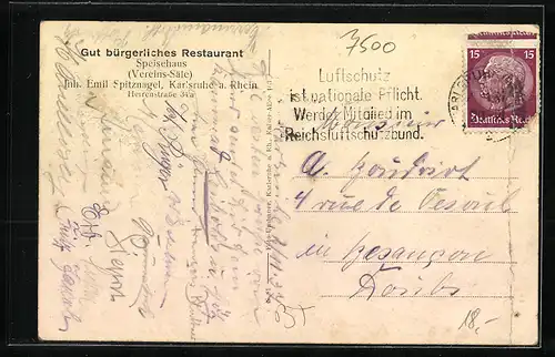 AK Karlsruhe i. B., Gastraum im Restaurant Palmengarten