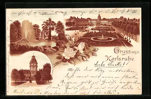Lithographie Karlsruhe i. B., Park vor dem Schloss, Schlossgartensee, der Schlossturm