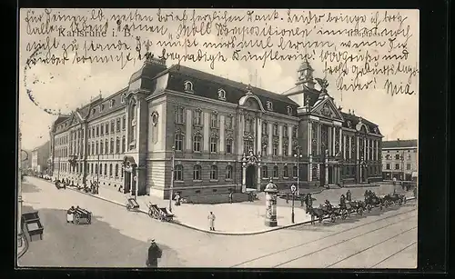 AK Karlsruhe i. B., auf der Strasse vor der Hauptpost