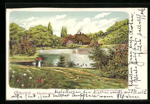 Lithographie Karlsruhe i. B., Schweizerhaus im Stadtgarten