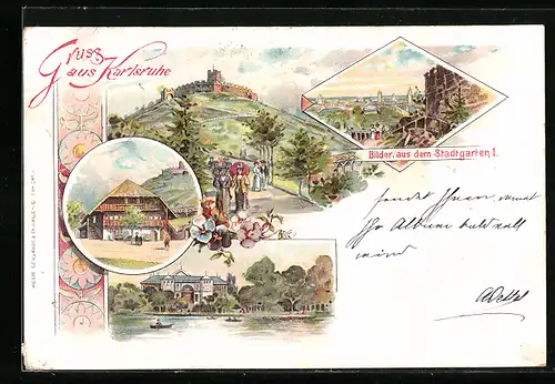 Lithographie Karlsruhe i. B., Bilder aus dem Stadtgarten, Unterkunftshaus, Besucher an der Festung