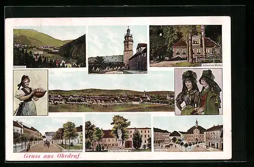 AK Ohrdruf, Gesamtansicht, Kriegerdenkmal, Scheerers Hütte