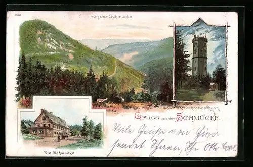 Lithographie Gehlberg, Gasthaus Schmücke, Schneekopfturm, Panorama