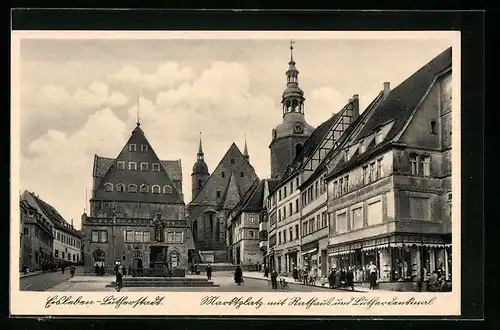 AK Eisleben-Lutherstadt, Marktplatz mit Rathaus und Lutherdenkmal
