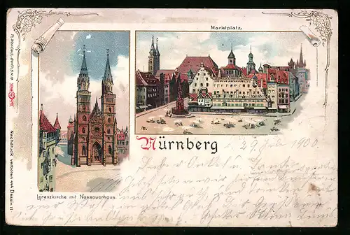 Lithographie Nürnberg, Marktplatz, Lorenzkirche mit Nassauerhaus