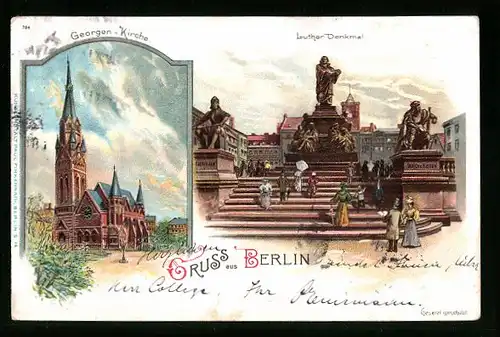 Lithographie Berlin, Georgenkirche, Lutherdenkmal, Neuer Markt