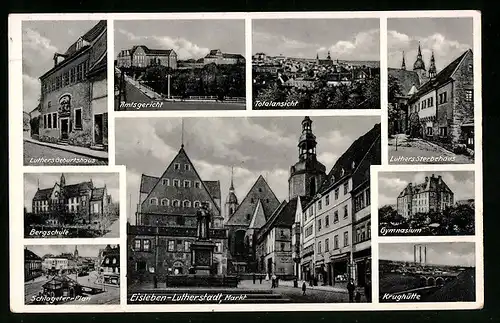 AK Eisleben, Totalansicht, Amtsgericht, Bergschule, Brunnen auf dem Markt, Gymnasium