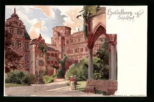 Lithographie Heidelberg, Idylle im Schlosshof