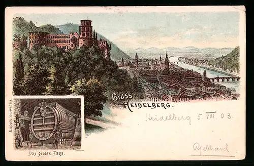 Lithographie Heidelberg, Panoramaansicht, Das grosse Fass