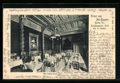 AK Berlin-Tiergarten, Gasthaus Alt-Bayern, Potsdamerstrasse 10-11, Der Kaiser-Saal, Innenansicht