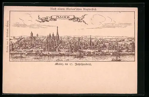 AK Mainz, Ortsansicht im 17. Jahrhundert nach einem Merianschen Kupferstich