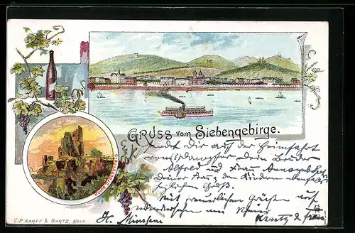 Lithographie Siebengebirge, Ruine Drachenfels, Totalansicht