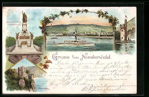 Lithographie Rüdesheim am Rhein, Nationaldenkmal a.d. Niederwald, Rheinstein, Ortsansicht mit Dampfschiff