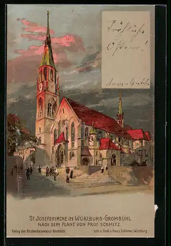 Künstler-AK Würzburg, St. Josefskirche im Dämmerungslicht