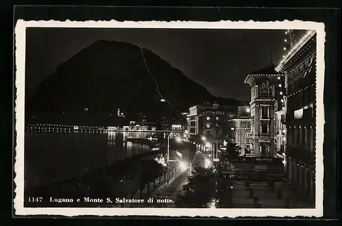AK Lugano, Promenade mit Monte S. Salvatore di Notte