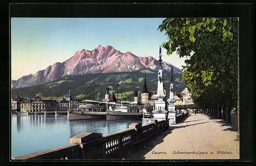 AK Luzern, Schweizerhofquai mit Blick zum Pilatus