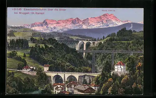 AK Bruggen b. St. Gallen, Eisenbahnbrücken über die Sitter, Blick zum Säntis