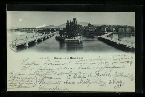 Mondschein-AK Geneve, Brücken in die Stadt, Mont Blanc