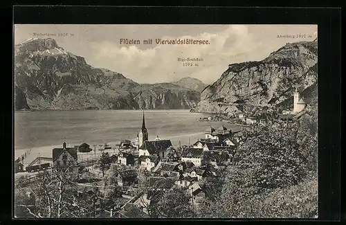 AK Flüelen, Generalansicht am Vierwaldstättersee, Blick auf Rigi-Hochfluh, Niederbauen und Axenberg