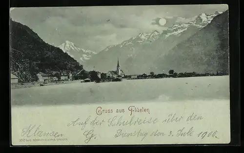 Mondschein-AK Flüelen, Blick zur Kirche im Ort
