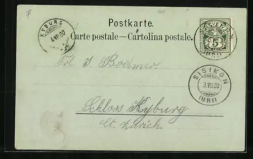 Mondschein-AK Flüelen, Blick zur Kirche im Ort