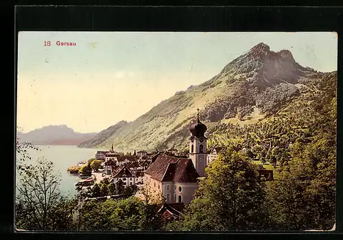 AK Gersau, Blick über die Kirche auf den Ort