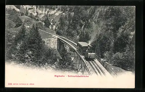 AK Rigibahn, Bergbahn passiert die Schnurtobelbrücke