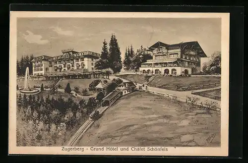 AK Zugerberg, Bergbahn mit Blick auf Grand Hotel und Chalet Schönfels