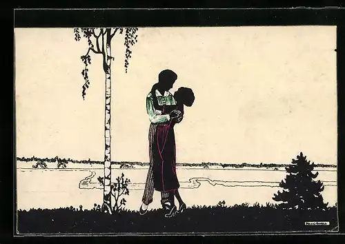 Künstler-AK Manni Grosze: Liebespaar umarmt sich vor einer Landschaftskulisse, Scherenschnitt