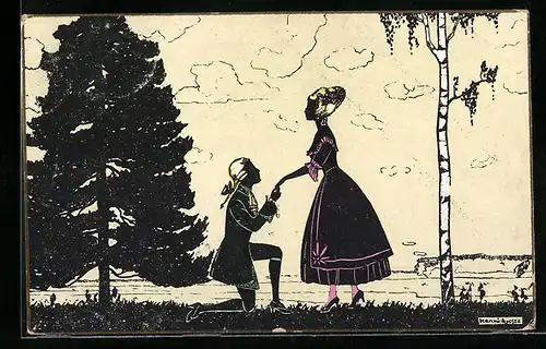 Künstler-AK Manni Grosze: Huldigung - Vor einer Dame kniender Kavalier, Scherenschnitt