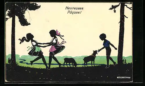 Künstler-AK Manni Grosze: Ringelreihen - Kinder mit Lämmern, Scherenschnitt