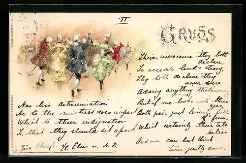 Lithographie Paare tanzen in barocker Kleidung