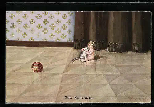 Künstler-AK Elly Frank: Gute Kameraden, nacktes kleines Mädchen mit Katze und Ball