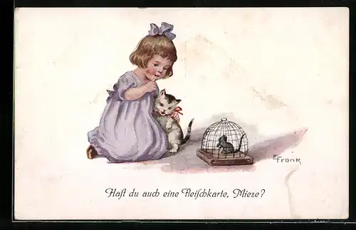 Künstler-AK Elly Frank: Hast du auch eine Fleischkarte, Mieze? Mädchen sitzt mit ihrer Katze vor einem Mäusekäfig