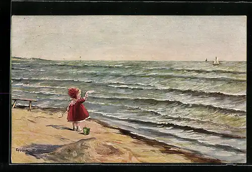 Künstler-AK Elly Frank: Mädchen mit Schaufel und Eimer winkt einem Segelboot vom Strand aus