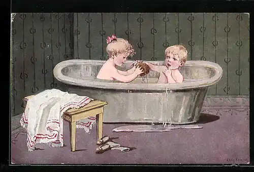 Künstler-AK Elly Frank: Kinderpaar sitzt gemeinsam in einer Badewanne