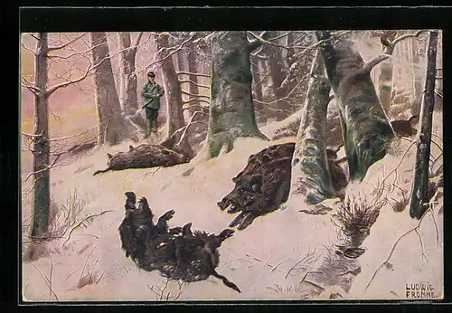 Künstler-AK Ludwig Fromme: Jagdszene mit Wildschweinen